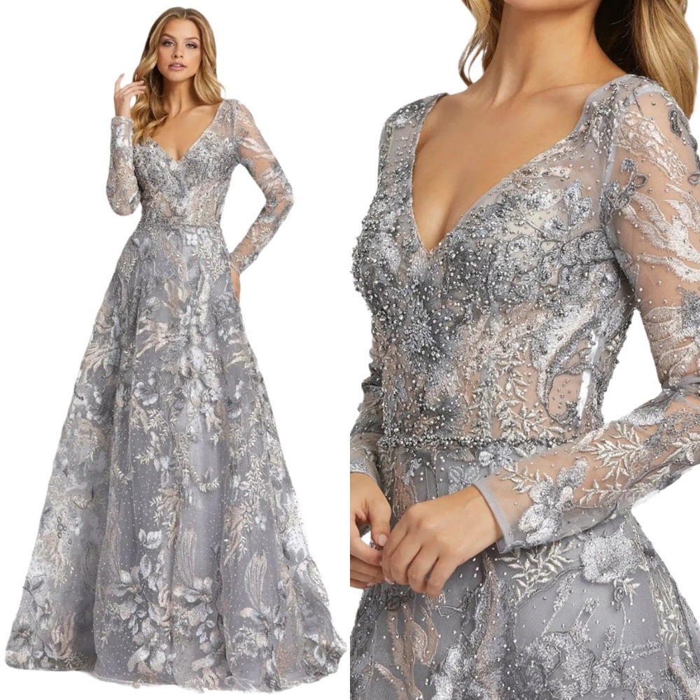 Mac Duggal NEW Gray Long Sleeve Beaded Applique Embroidered Gown $798 - Size 10‎